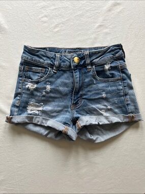 American Eagle Outfitters Blue Distressed Super Stretch Hi-Rise Shortie